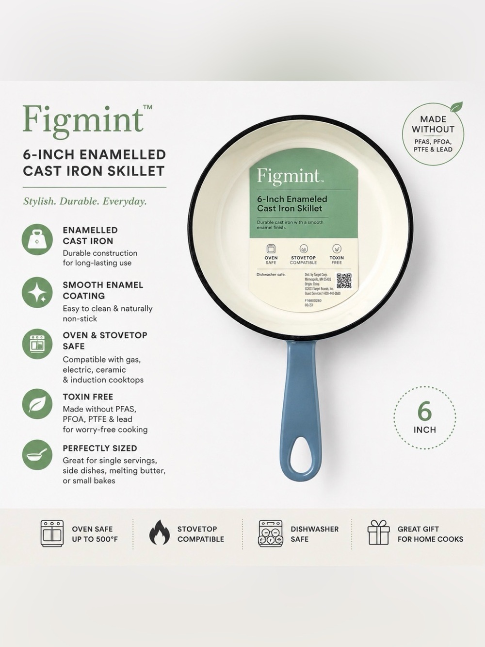 Figmint 6” Enameled Cast Iron Skillet Pan Blue New